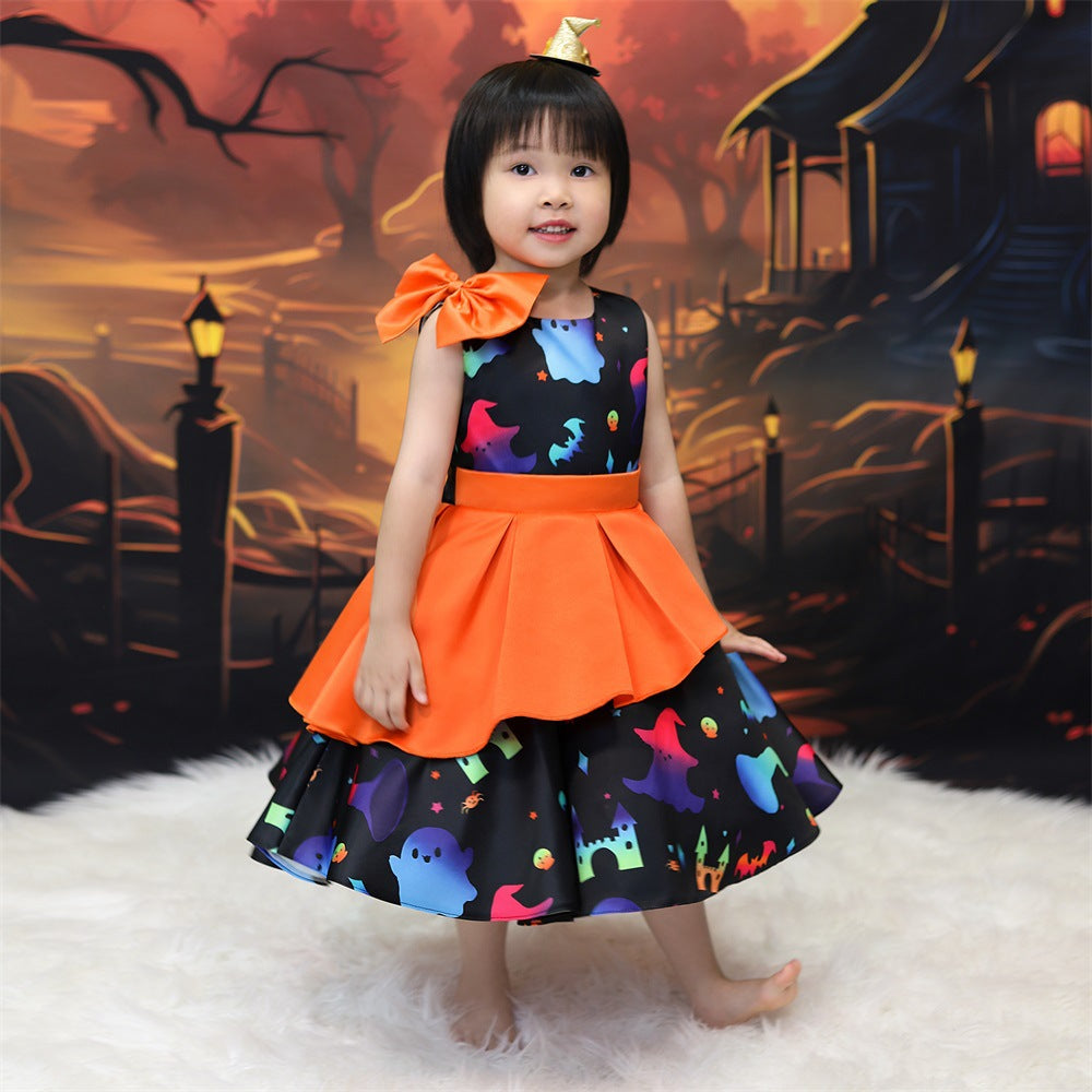 Girls' Cartoon Bat & Ghost Puffy Ball Gown – Orange Tea Length Halloween Dress