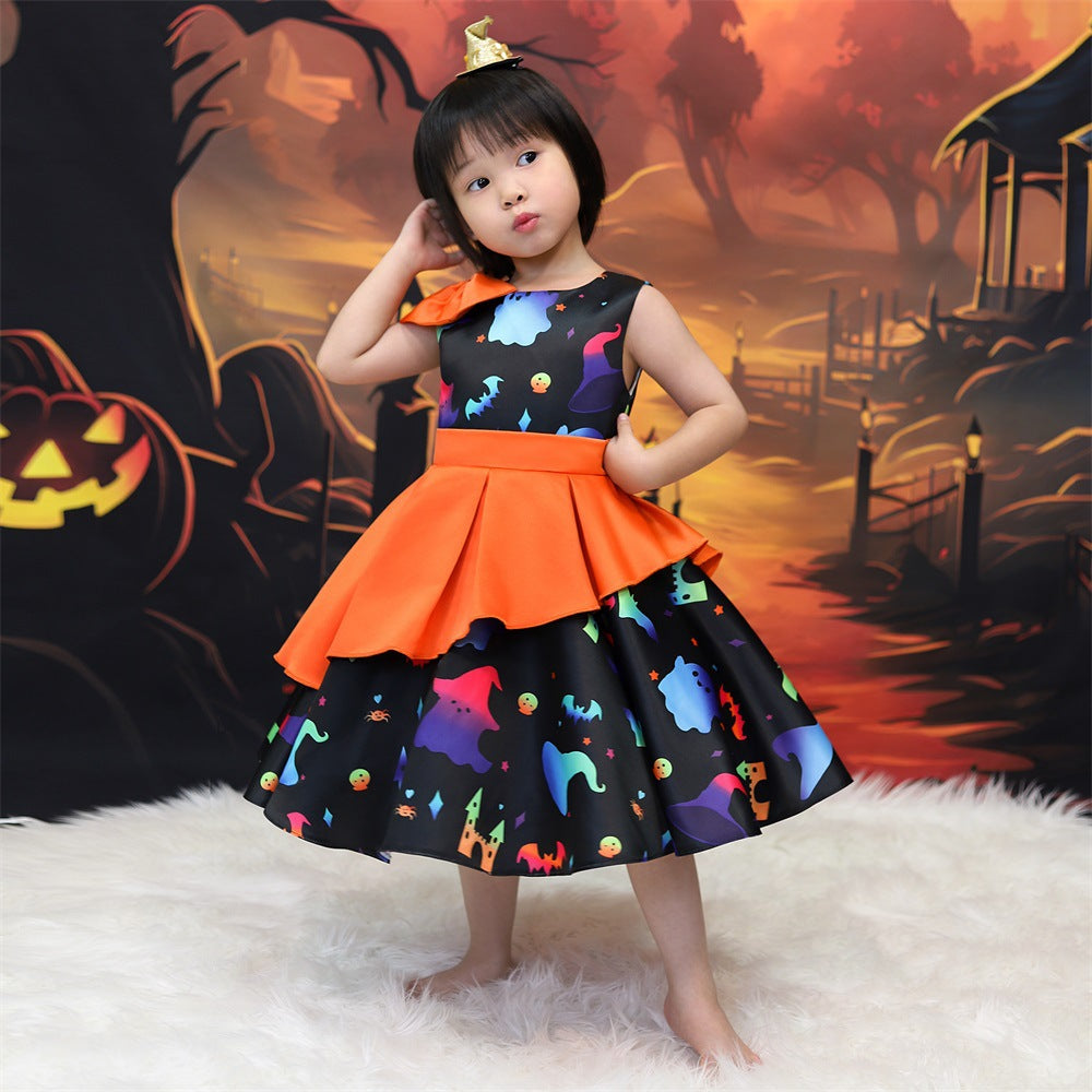 Girls' Cartoon Bat & Ghost Puffy Ball Gown – Orange Tea Length Halloween Dress