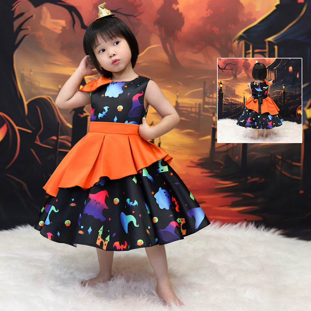 Girls' Cartoon Bat & Ghost Puffy Ball Gown – Orange Tea Length Halloween Dress