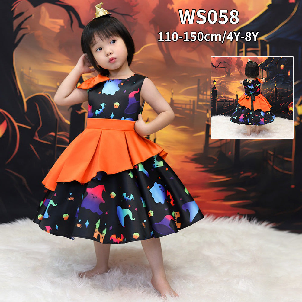 Girls' Cartoon Bat & Ghost Puffy Ball Gown – Orange Tea Length Halloween Dress