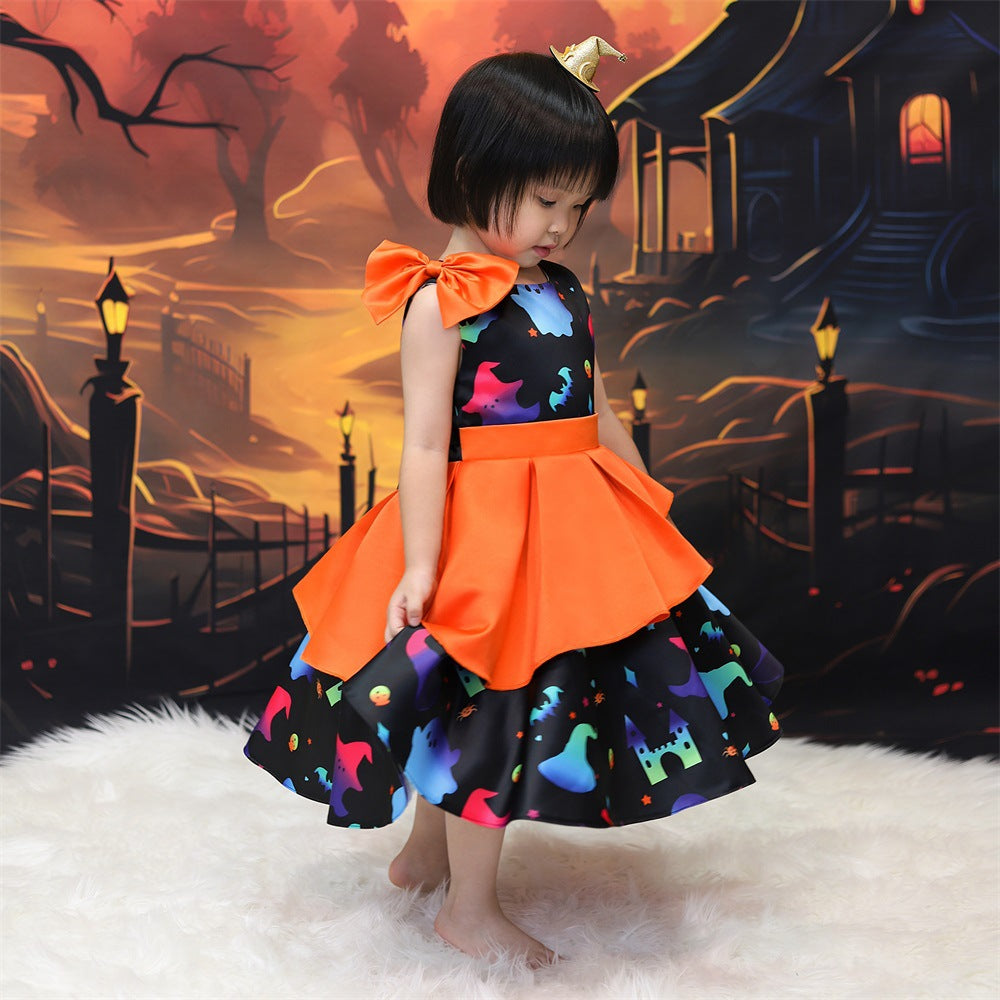 Girls' Cartoon Bat & Ghost Puffy Ball Gown – Orange Tea Length Halloween Dress