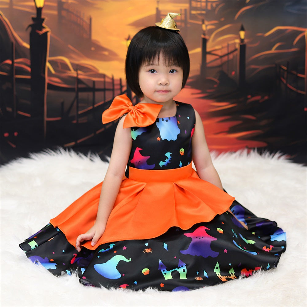 Girls' Cartoon Bat & Ghost Puffy Ball Gown – Orange Tea Length Halloween Dress