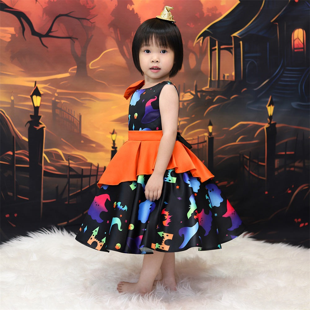 Girls' Cartoon Bat & Ghost Puffy Ball Gown – Orange Tea Length Halloween Dress