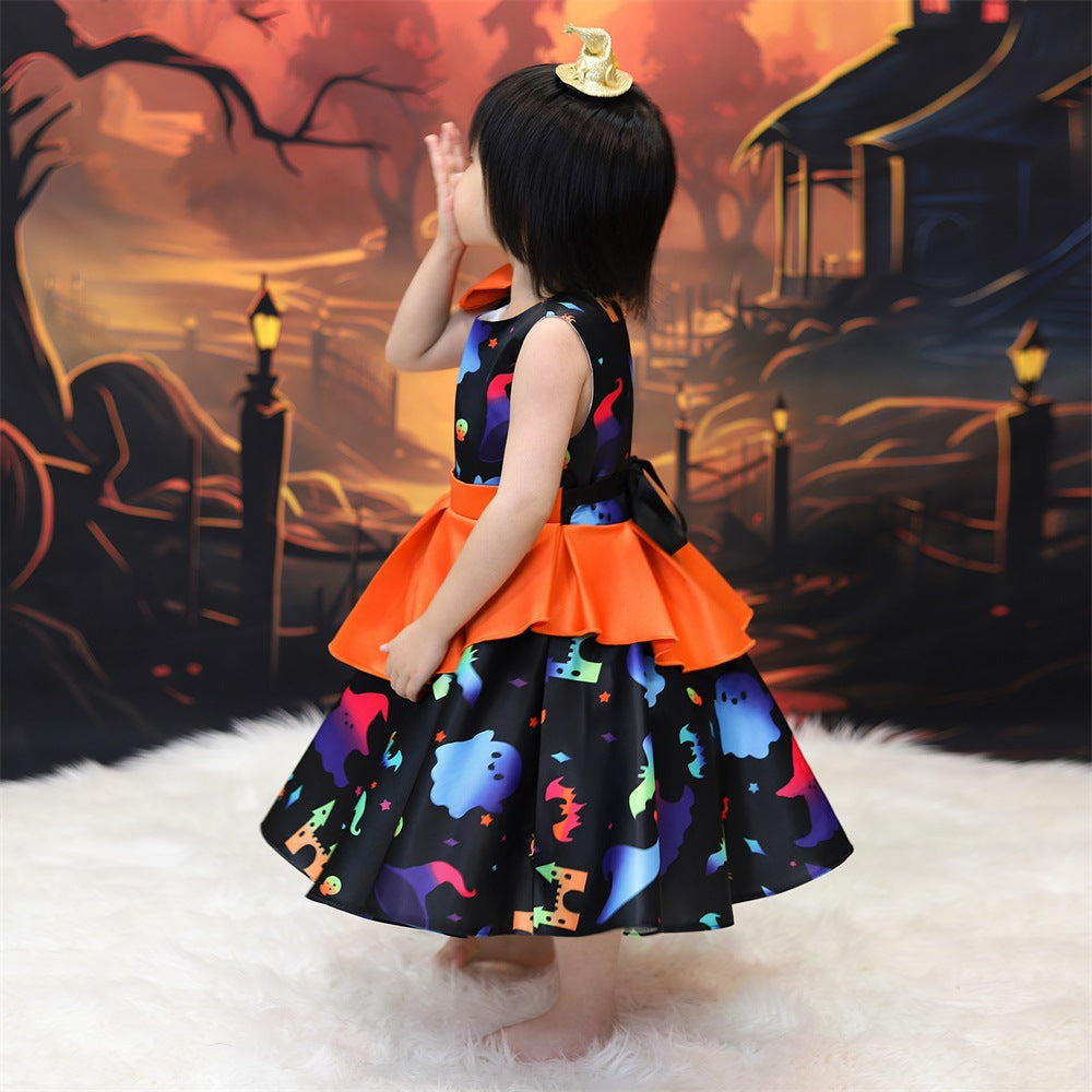 Girls' Cartoon Bat & Ghost Puffy Ball Gown – Orange Tea Length Halloween Dress