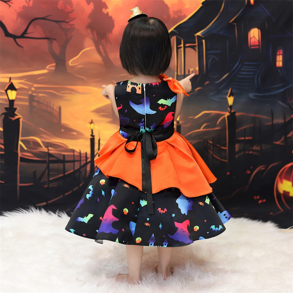 Girls' Cartoon Bat & Ghost Puffy Ball Gown – Orange Tea Length Halloween Dress