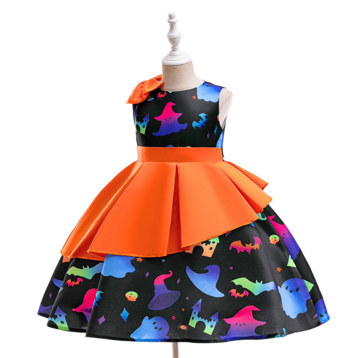 Girls' Cartoon Bat & Ghost Puffy Ball Gown – Orange Tea Length Halloween Dress