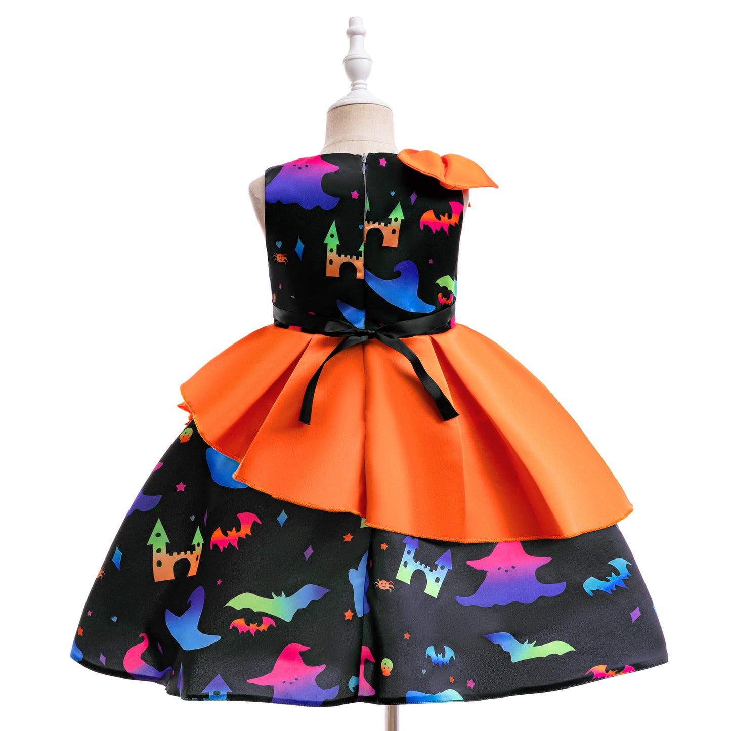 Girls' Cartoon Bat & Ghost Puffy Ball Gown – Orange Tea Length Halloween Dress