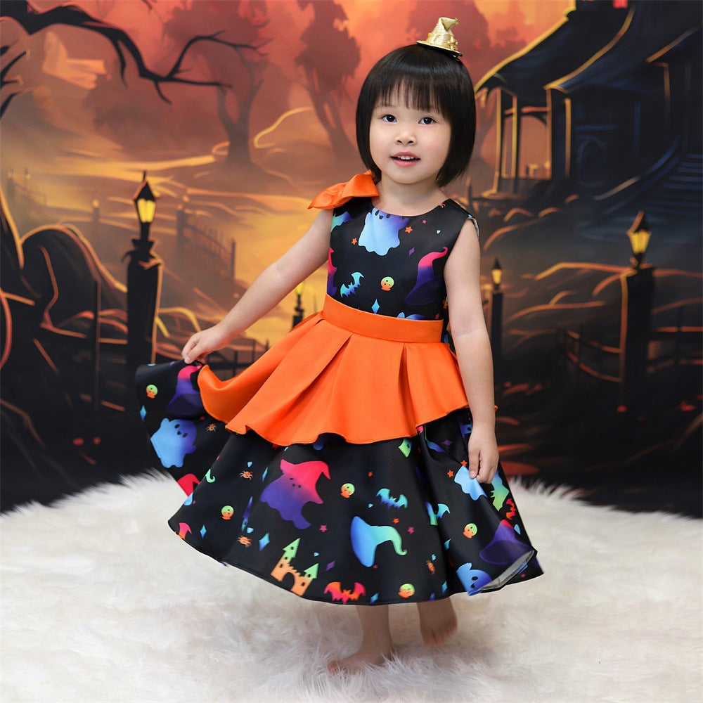 Girls' Cartoon Bat & Ghost Puffy Ball Gown – Orange Tea Length Halloween Dress