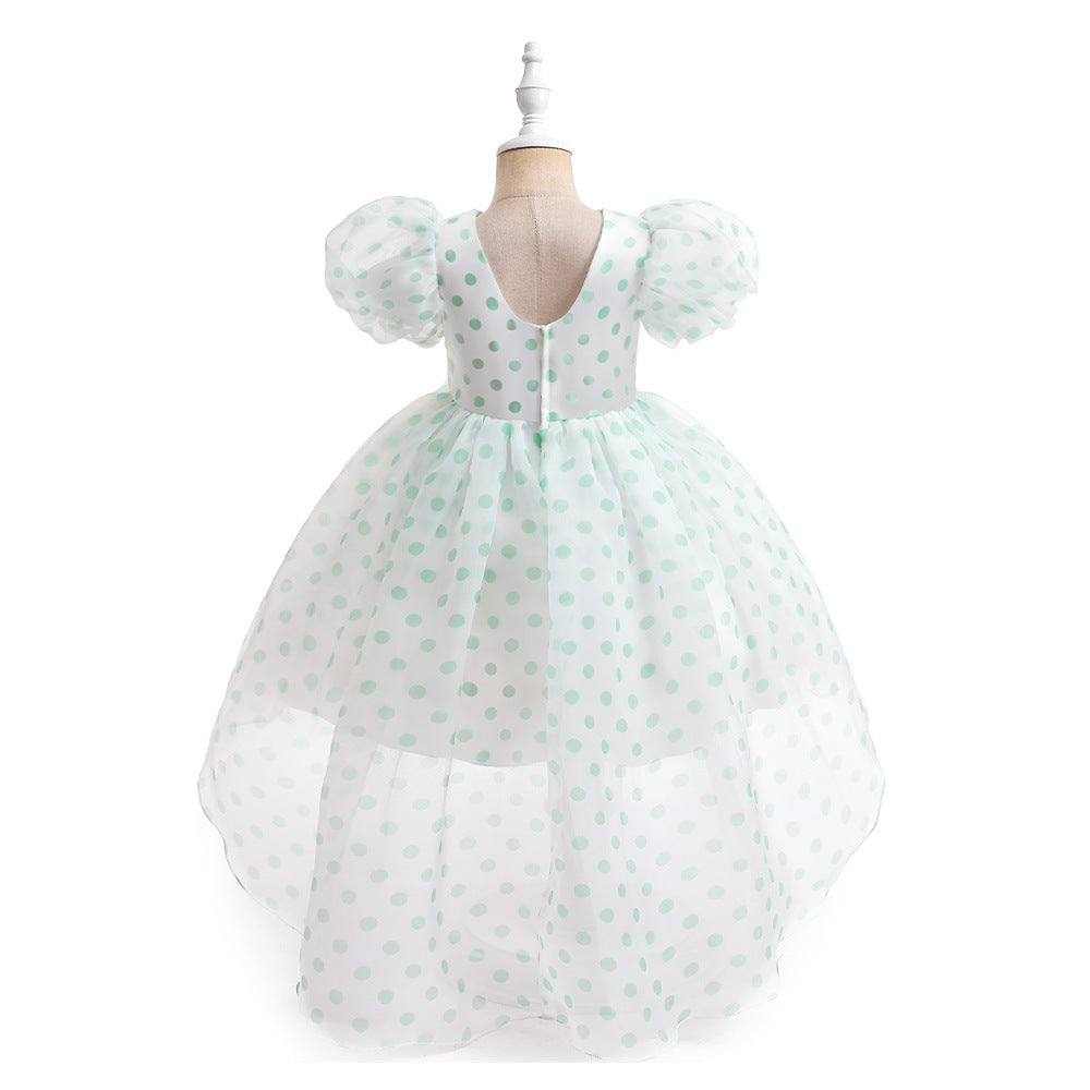 A-Line Cartoon Print Tulle Princess Dress with Puff Sleeves, High-Low Skirt, Ages 3-8