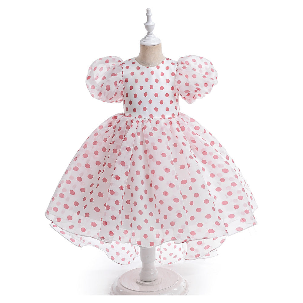 A-Line Cartoon Print Tulle Princess Dress with Puff Sleeves, High-Low Skirt, Ages 3-8