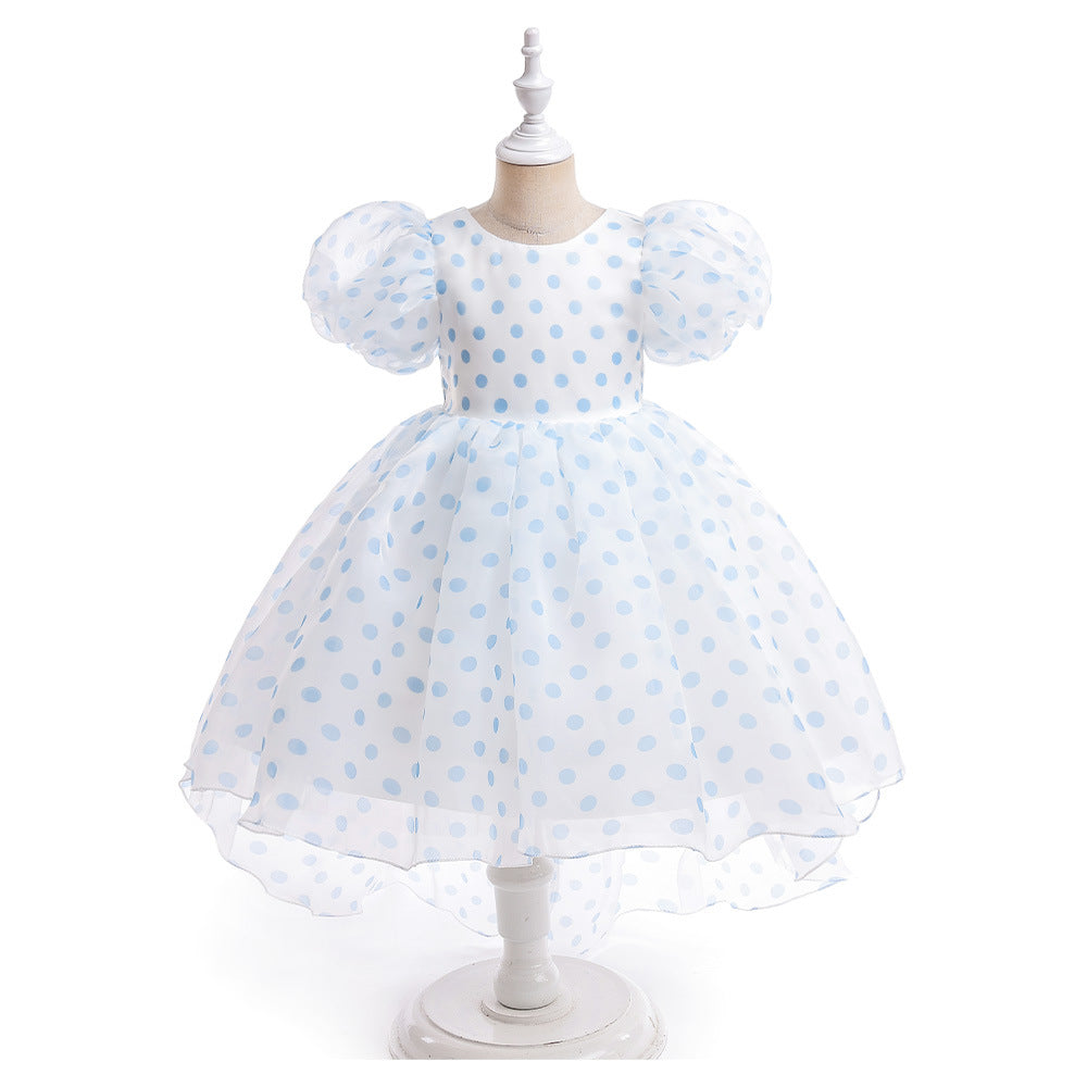 A-Line Cartoon Print Tulle Princess Dress with Puff Sleeves, High-Low Skirt, Ages 3-8