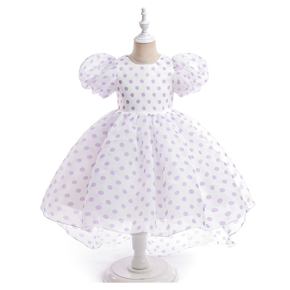 A-Line Cartoon Print Tulle Princess Dress with Puff Sleeves, High-Low Skirt, Ages 3-8