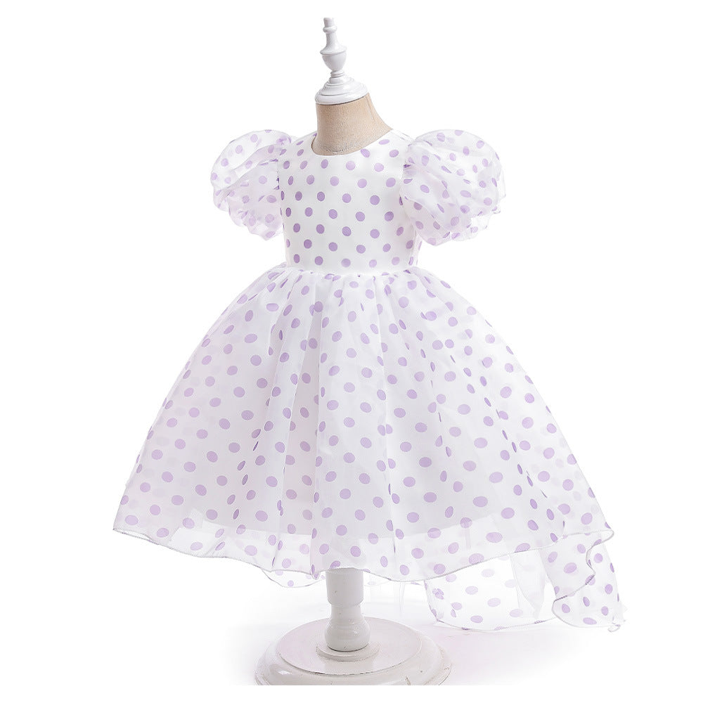 A-Line Cartoon Print Tulle Princess Dress with Puff Sleeves, High-Low Skirt, Ages 3-8