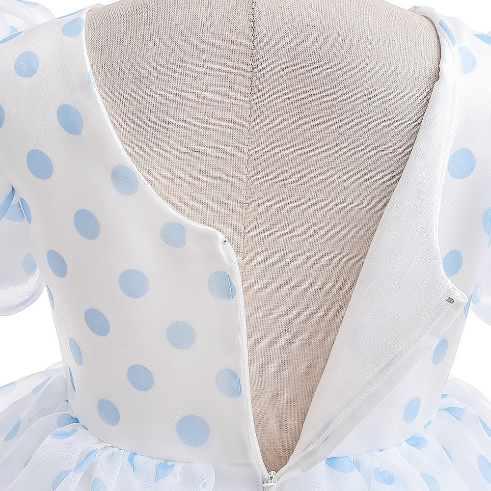 A-Line Cartoon Print Tulle Princess Dress with Puff Sleeves, High-Low Skirt, Ages 3-8