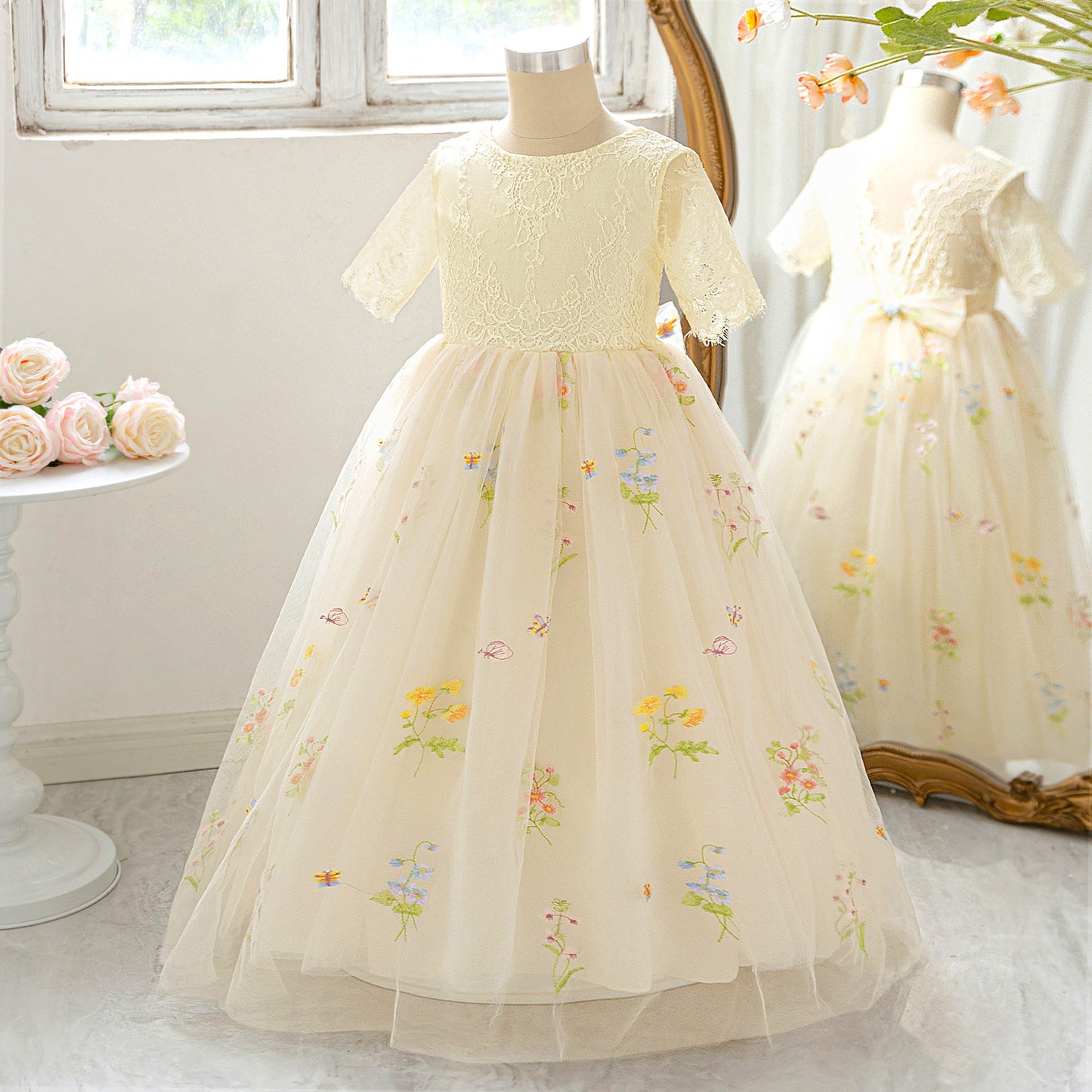 Champagne Embroidered Lace Princess Maxi Dress for Girls | Cute Flower Girl & Party Gown
