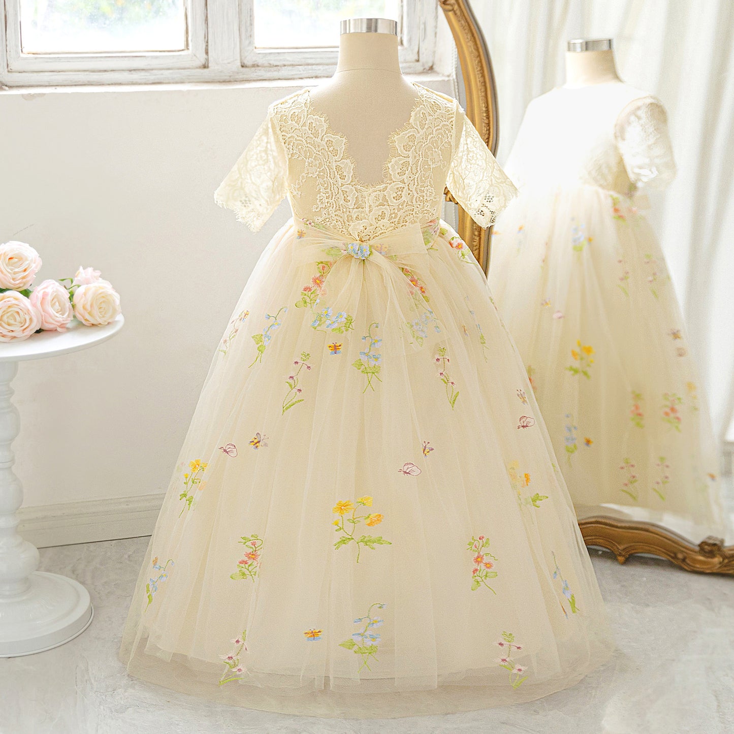 Champagne Embroidered Lace Princess Maxi Dress for Girls | Cute Flower Girl & Party Gown