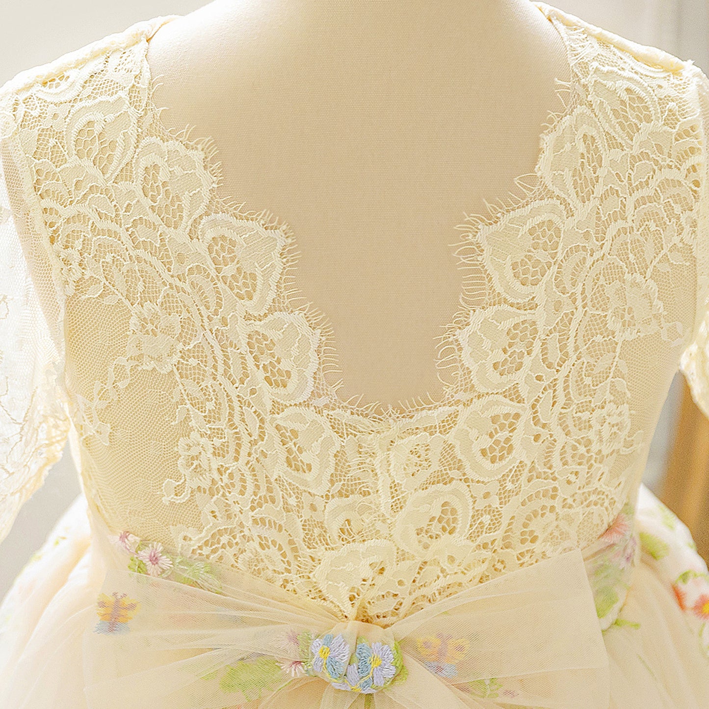 Champagne Embroidered Lace Princess Maxi Dress for Girls | Cute Flower Girl & Party Gown