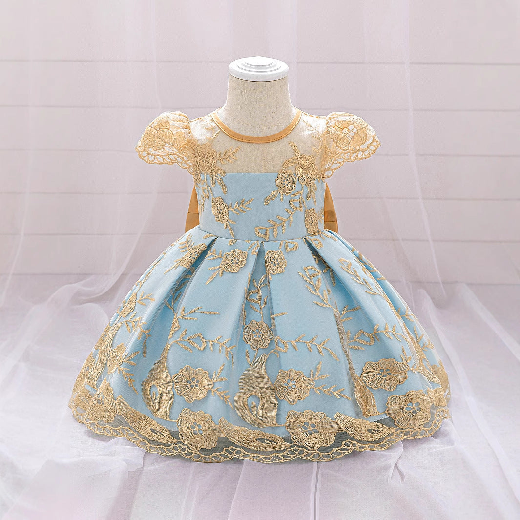 Champagne Princess Ball Gown Dress for Girls – Embroidered Tulle & Bowknot