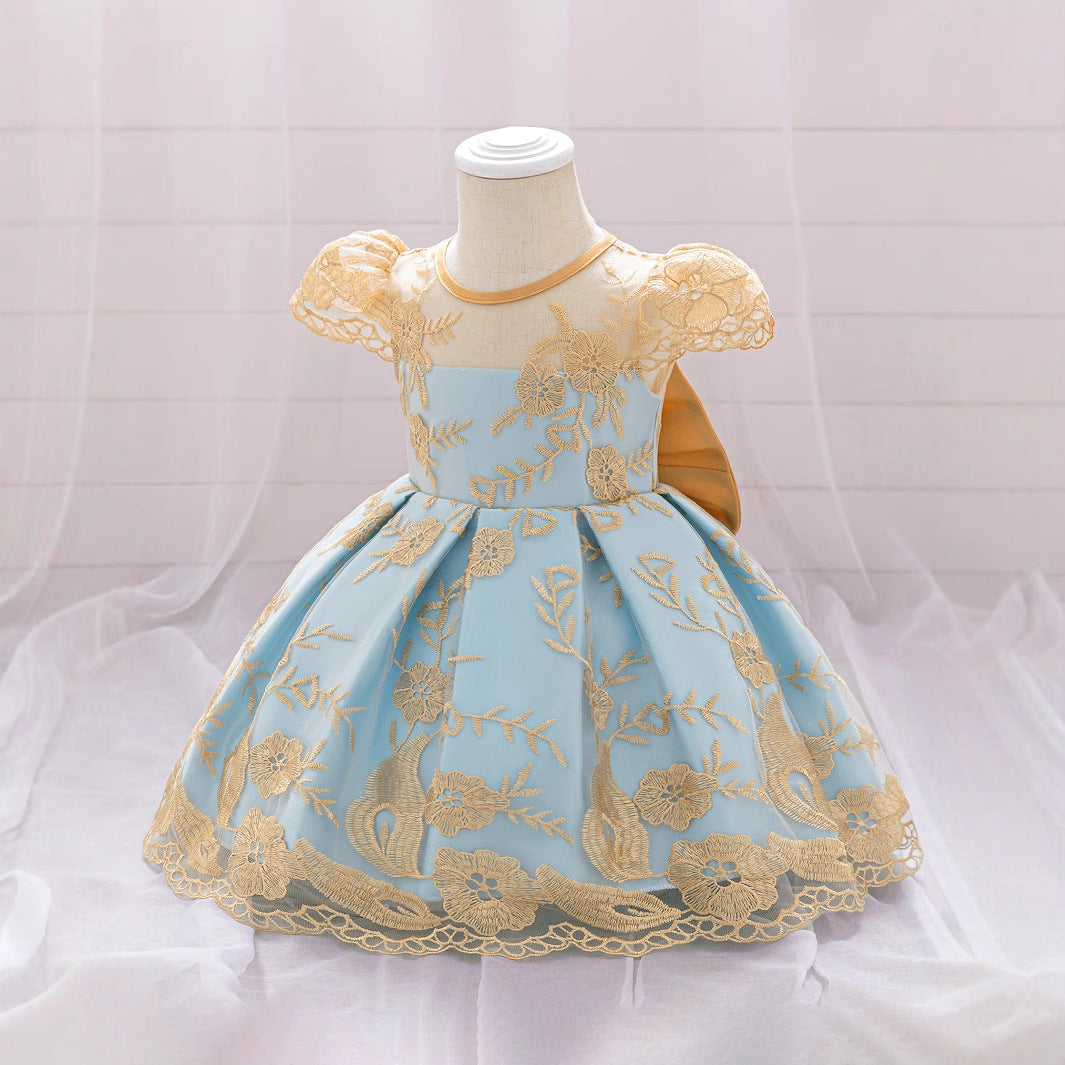 Champagne Princess Ball Gown Dress for Girls – Embroidered Tulle & Bowknot