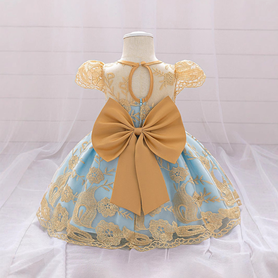 Champagne Princess Ball Gown Dress for Girls – Embroidered Tulle & Bowknot