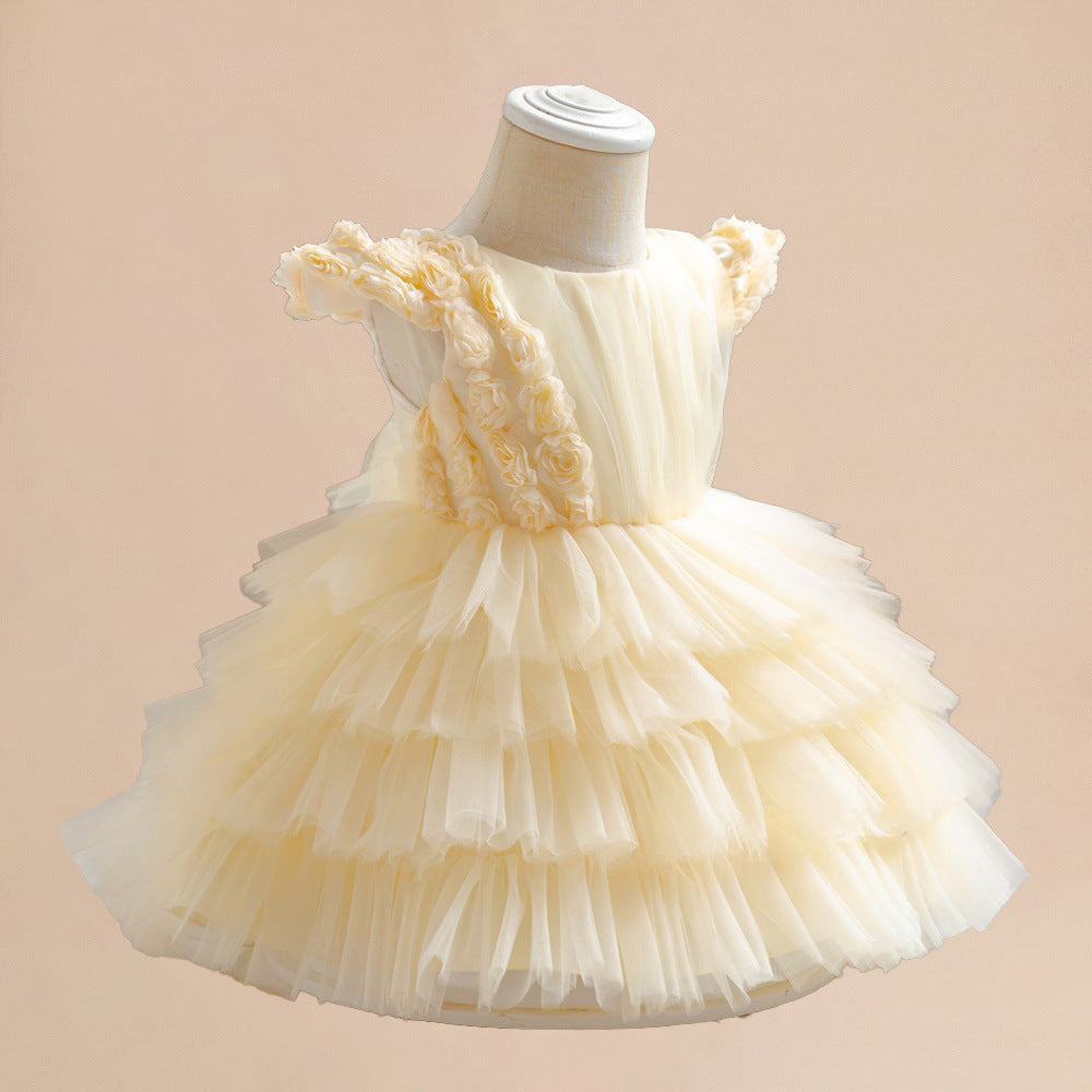Champagne Tulle A-Line Flower Girl Dress for Toddlers – Ruffle Sleeves & Tiered Skirt