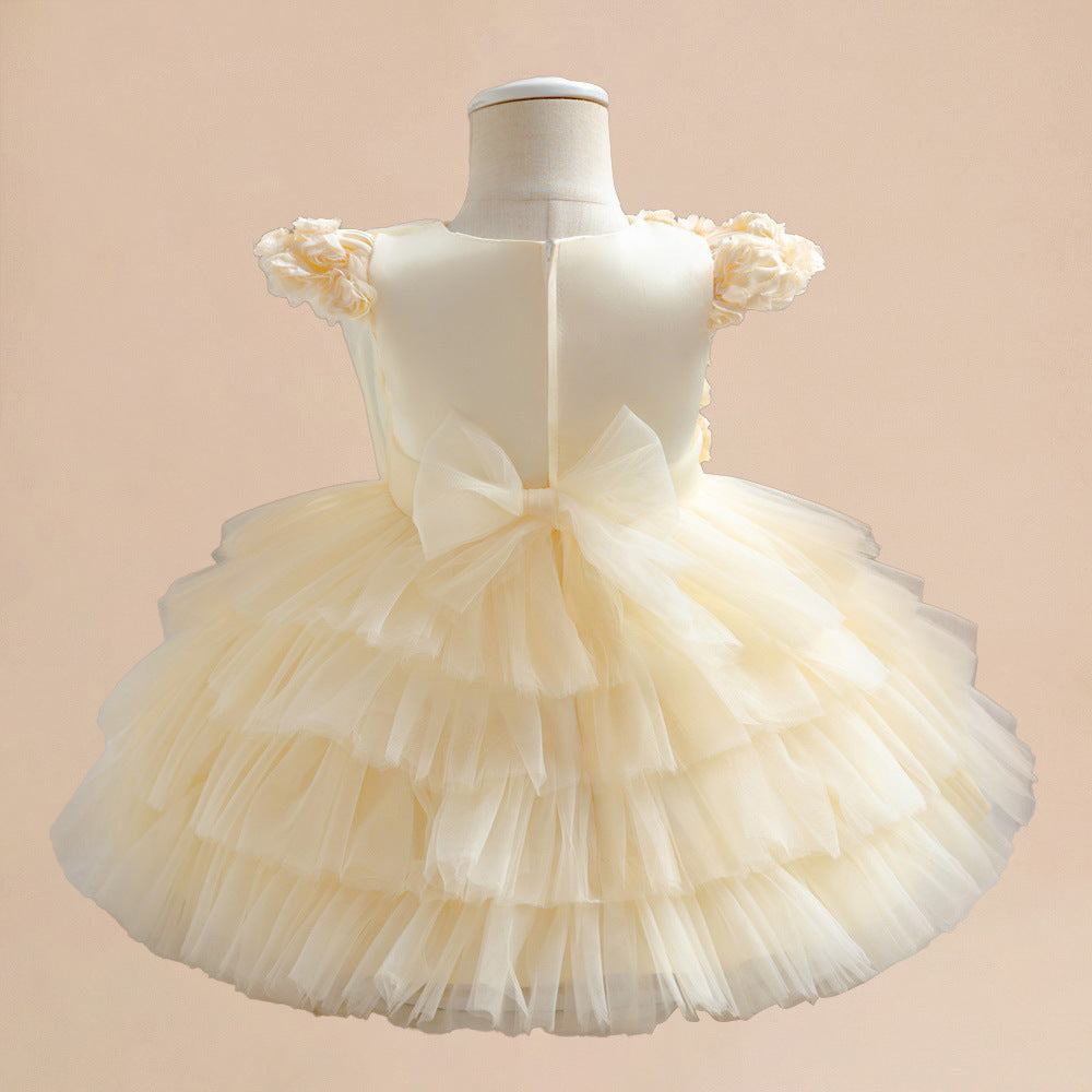 Champagne Tulle A-Line Flower Girl Dress for Toddlers – Ruffle Sleeves & Tiered Skirt