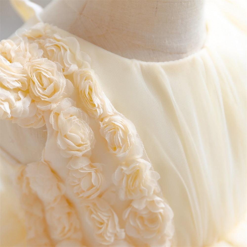 Champagne Tulle A-Line Flower Girl Dress for Toddlers – Ruffle Sleeves & Tiered Skirt