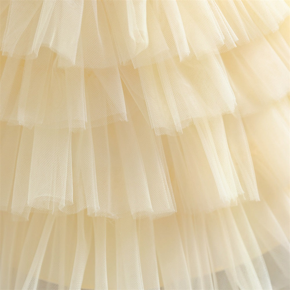 Champagne Tulle A-Line Flower Girl Dress for Toddlers – Ruffle Sleeves & Tiered Skirt