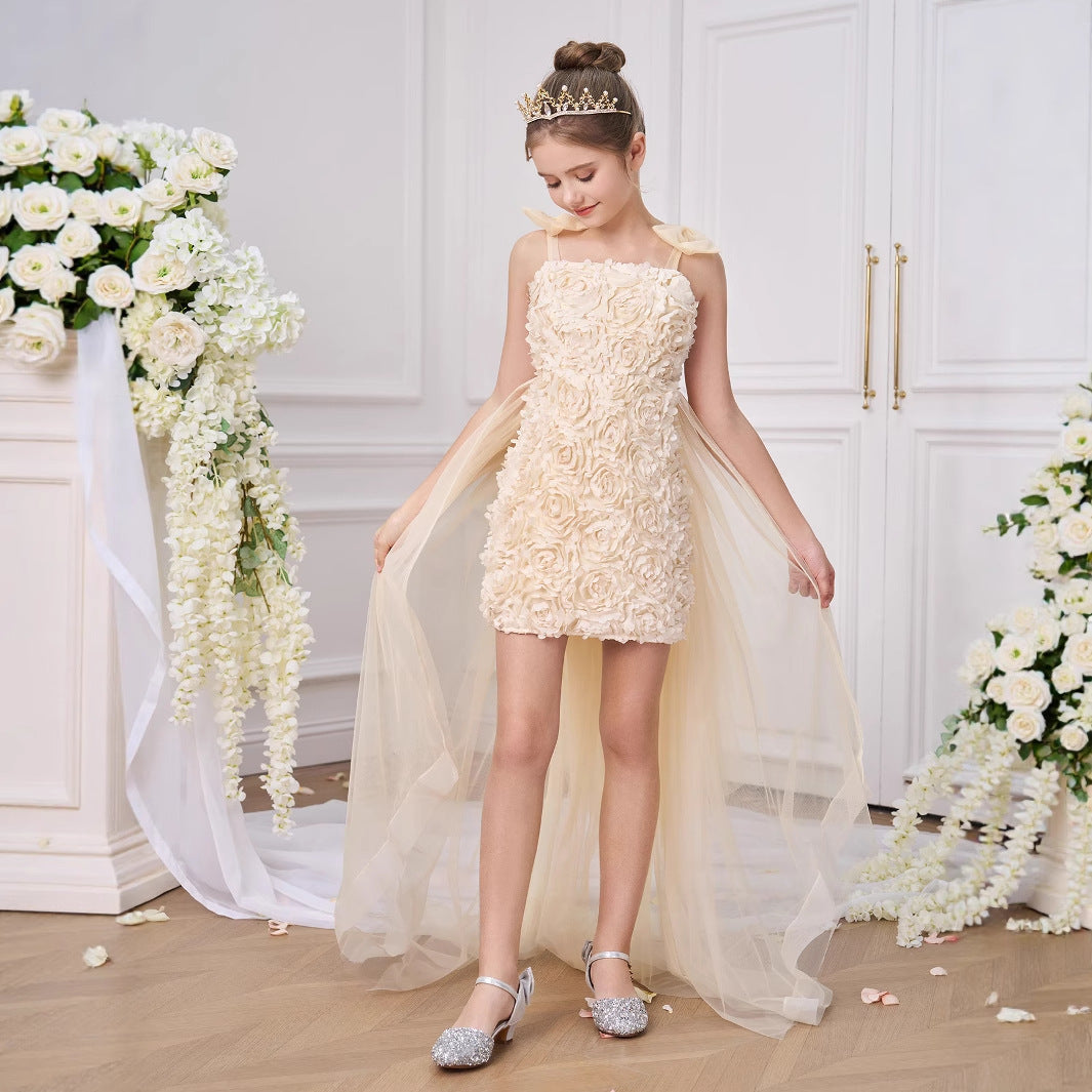 Champagne High-Low Off-Shoulder Tulle Dress with Appliqué Flowers for Girls (5-13 Years)