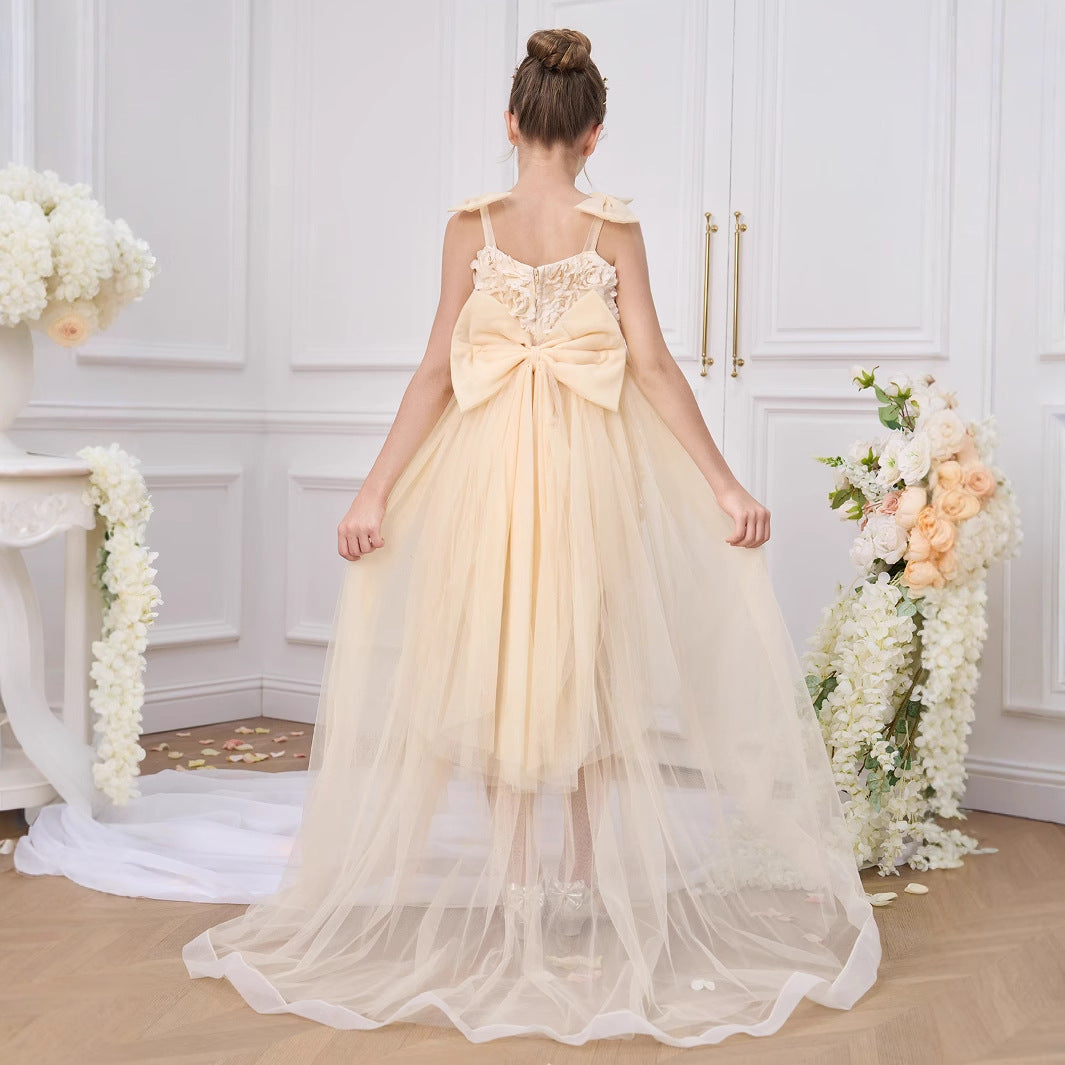 Champagne High-Low Off-Shoulder Tulle Dress with Appliqué Flowers for Girls (5-13 Years)