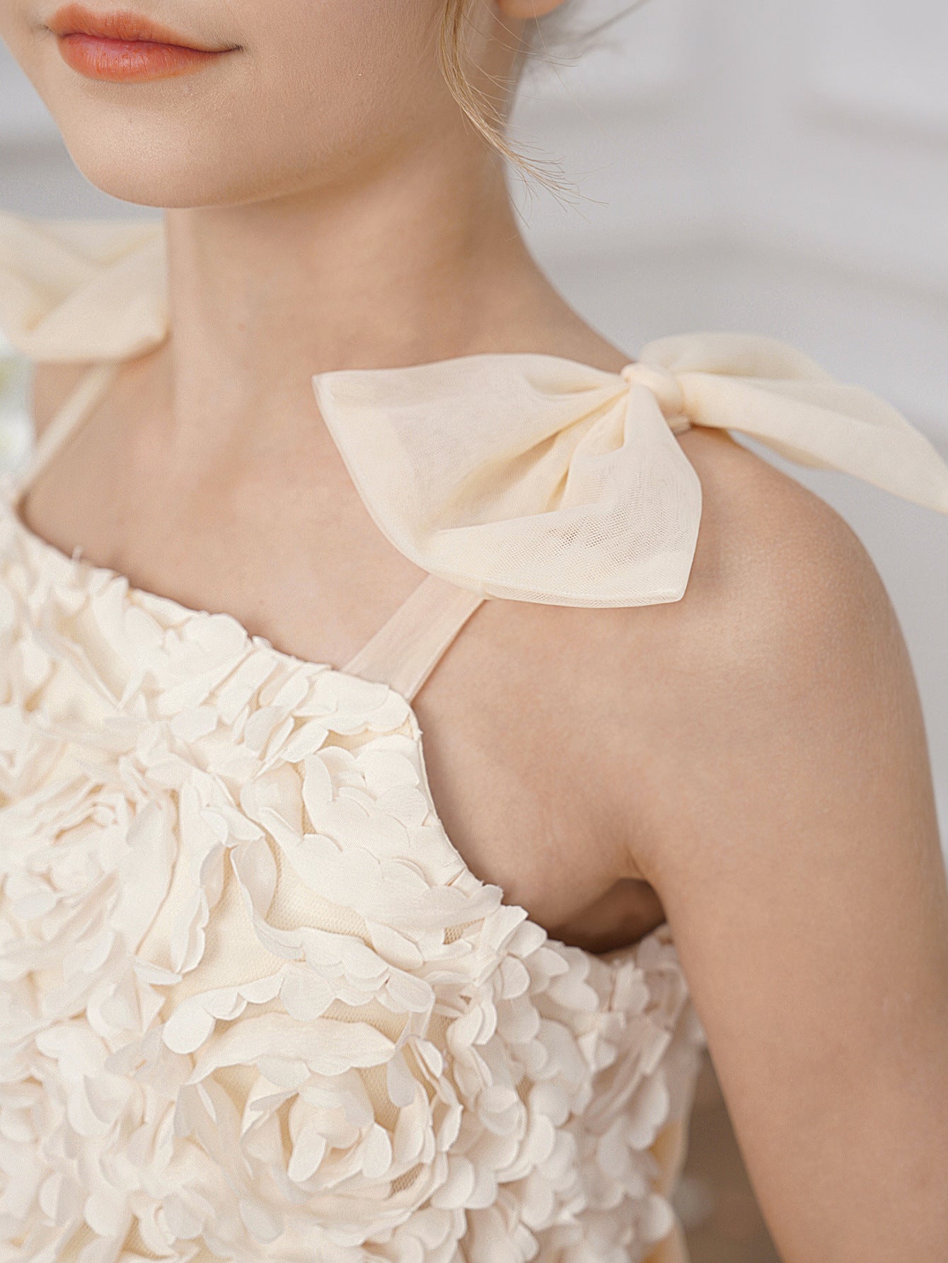 Champagne High-Low Off-Shoulder Tulle Dress with Appliqué Flowers for Girls (5-13 Years)