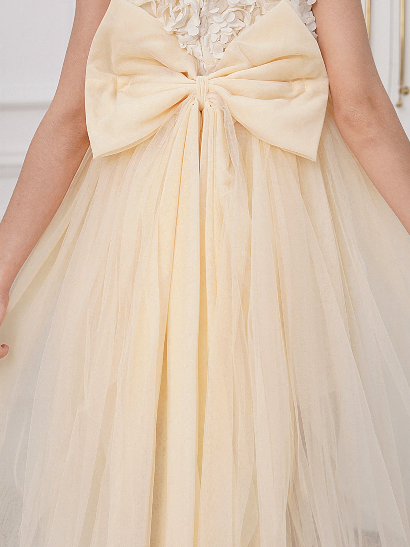 Champagne High-Low Off-Shoulder Tulle Dress with Appliqué Flowers for Girls (5-13 Years)