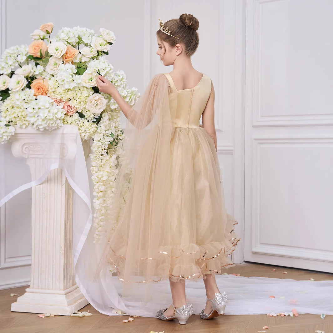 Champagne Off-Shoulder Sequin Princess Dress for Girls | A-line Tea Length Party Gown