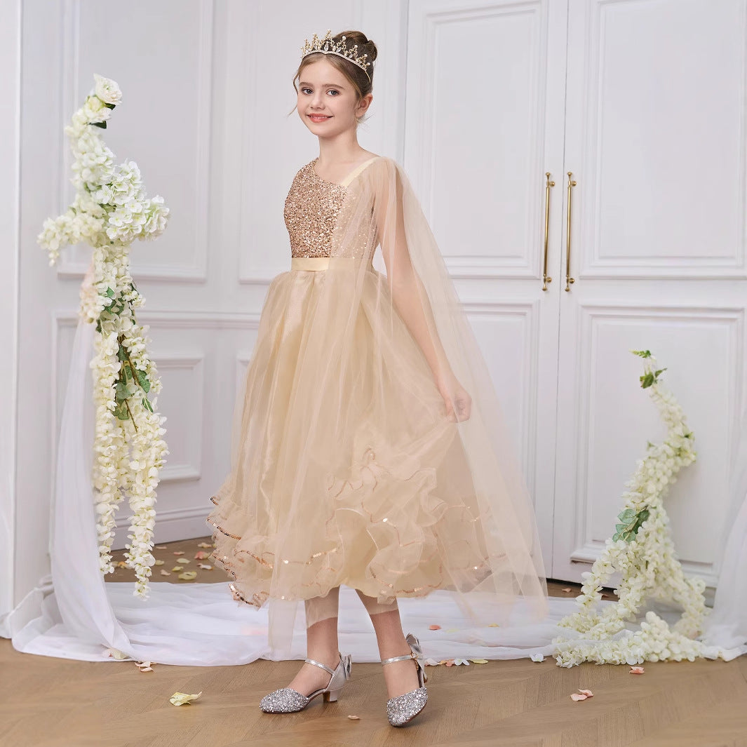 Champagne Off-Shoulder Sequin Princess Dress for Girls | A-line Tea Length Party Gown