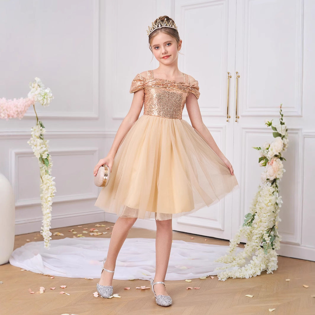 Champagne Off Shoulder Sequin Tulle Dress for Girls (Ages 5-13) | Party & Formal