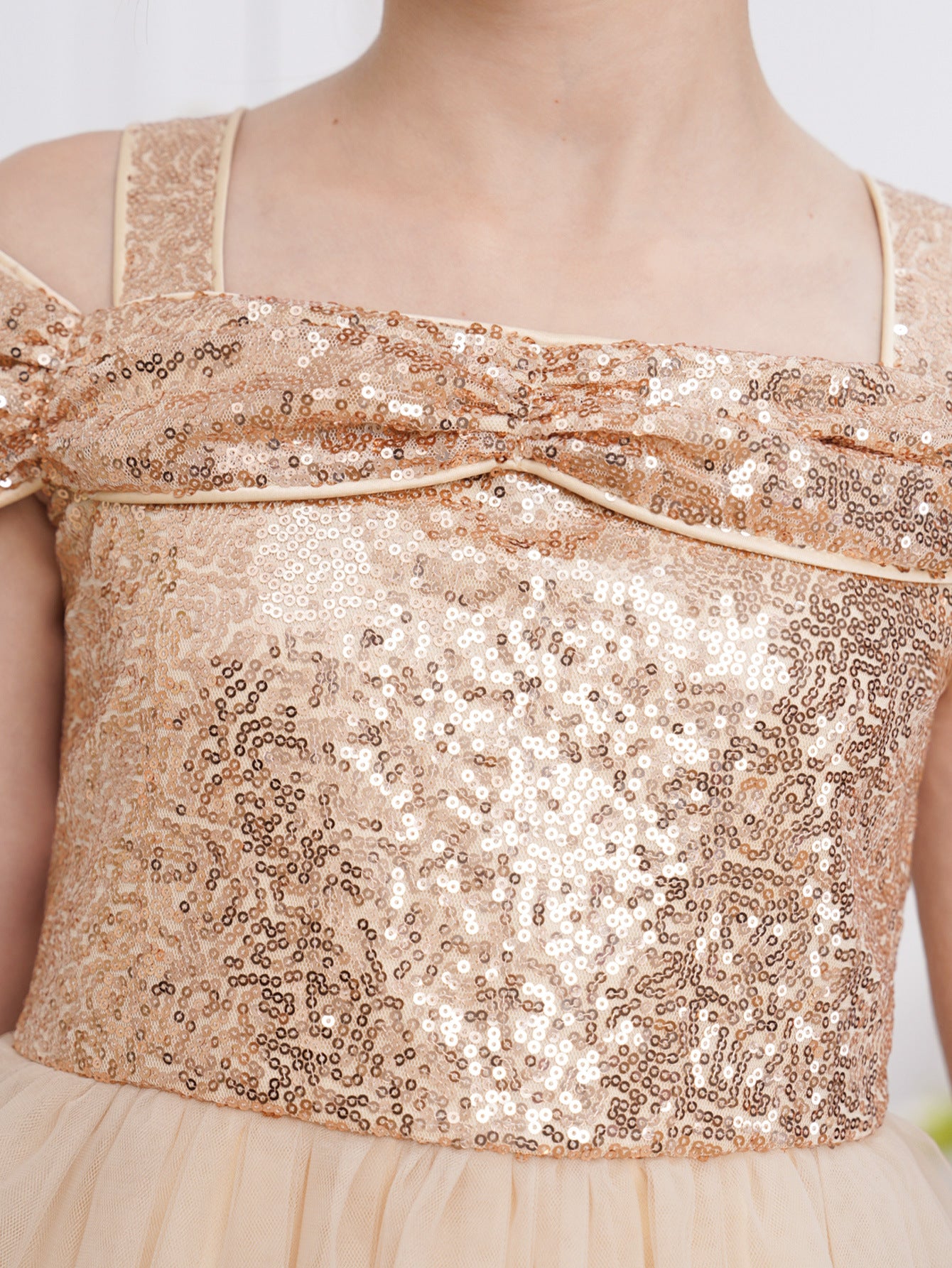 Champagne Off Shoulder Sequin Tulle Dress for Girls (Ages 5-13) | Party & Formal