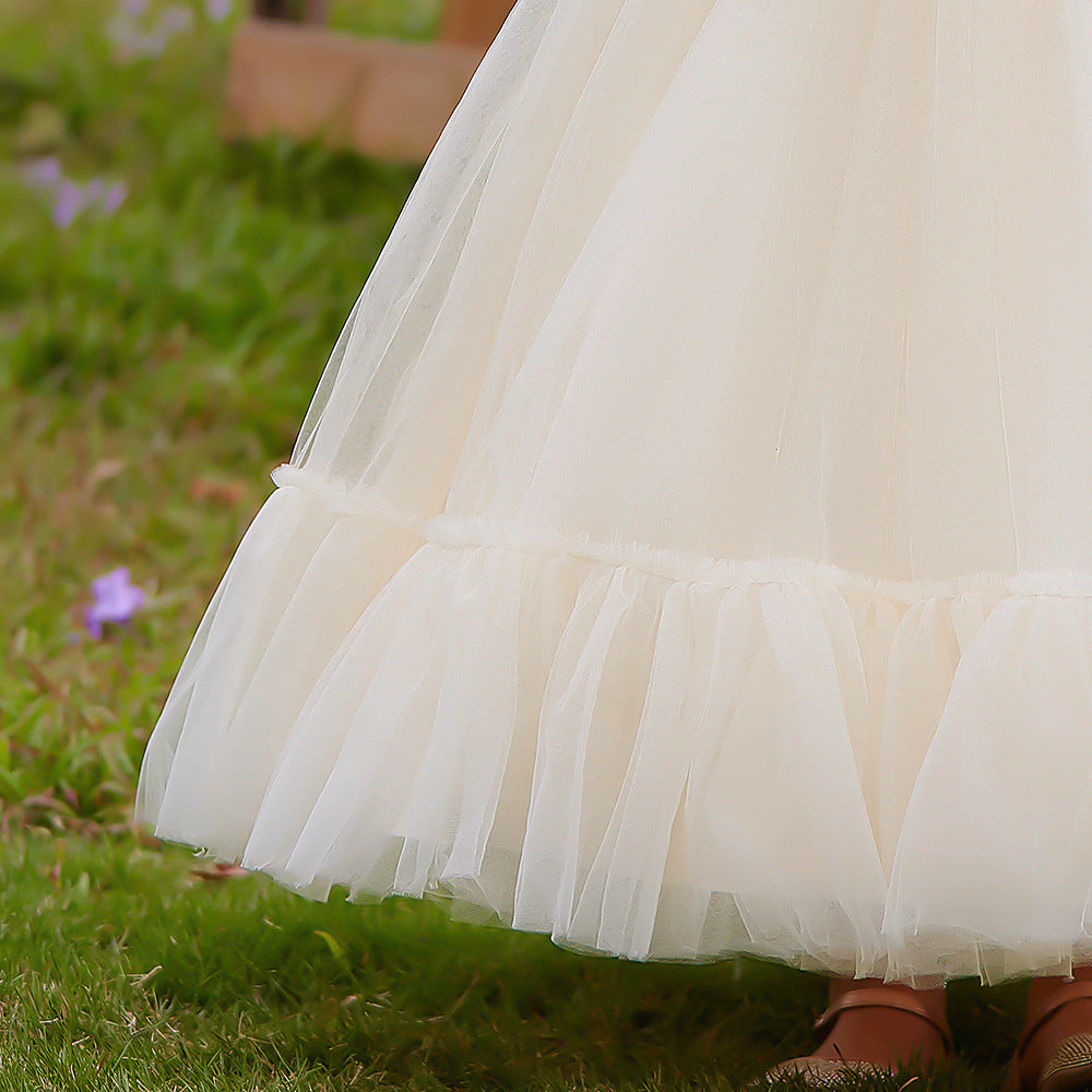 Champagne Princess Tulle Maxi Dress for Girls | Flower Girl & Party Gown