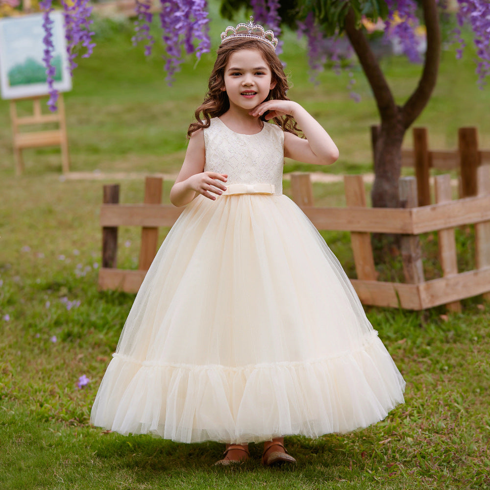 Champagne Princess Tulle Maxi Dress for Girls | Flower Girl & Party Gown