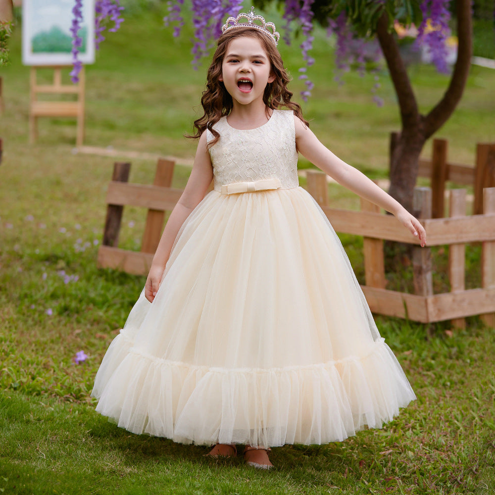 Champagne Princess Tulle Maxi Dress for Girls | Flower Girl & Party Gown