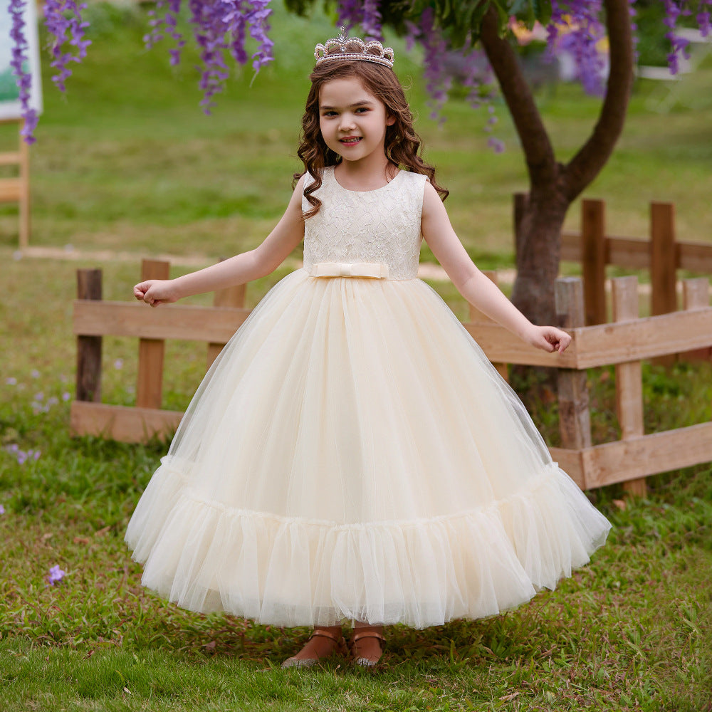 Champagne Princess Tulle Maxi Dress for Girls | Flower Girl & Party Gown