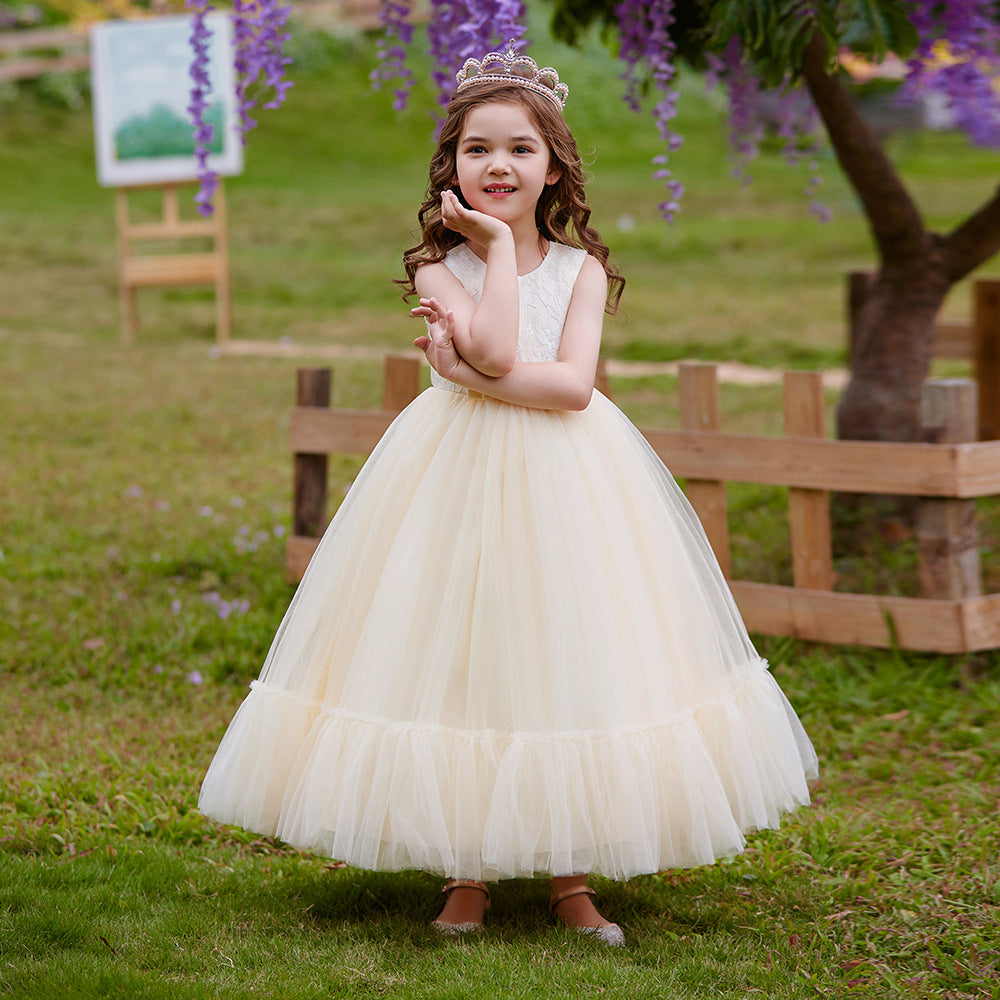 Champagne Princess Tulle Maxi Dress for Girls | Flower Girl & Party Gown