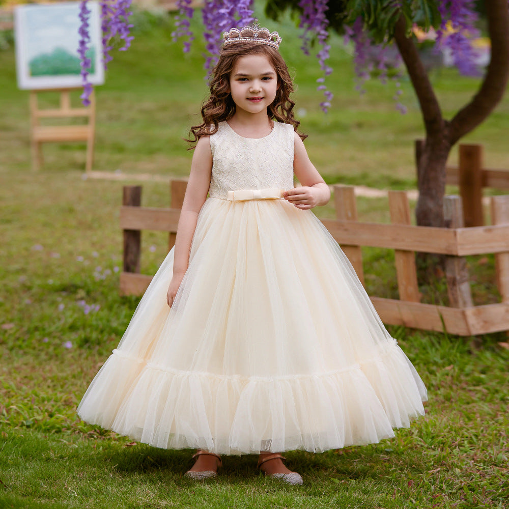 Champagne Princess Tulle Maxi Dress for Girls | Flower Girl & Party Gown