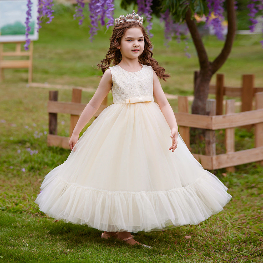 Champagne Princess Tulle Maxi Dress for Girls | Flower Girl & Party Gown