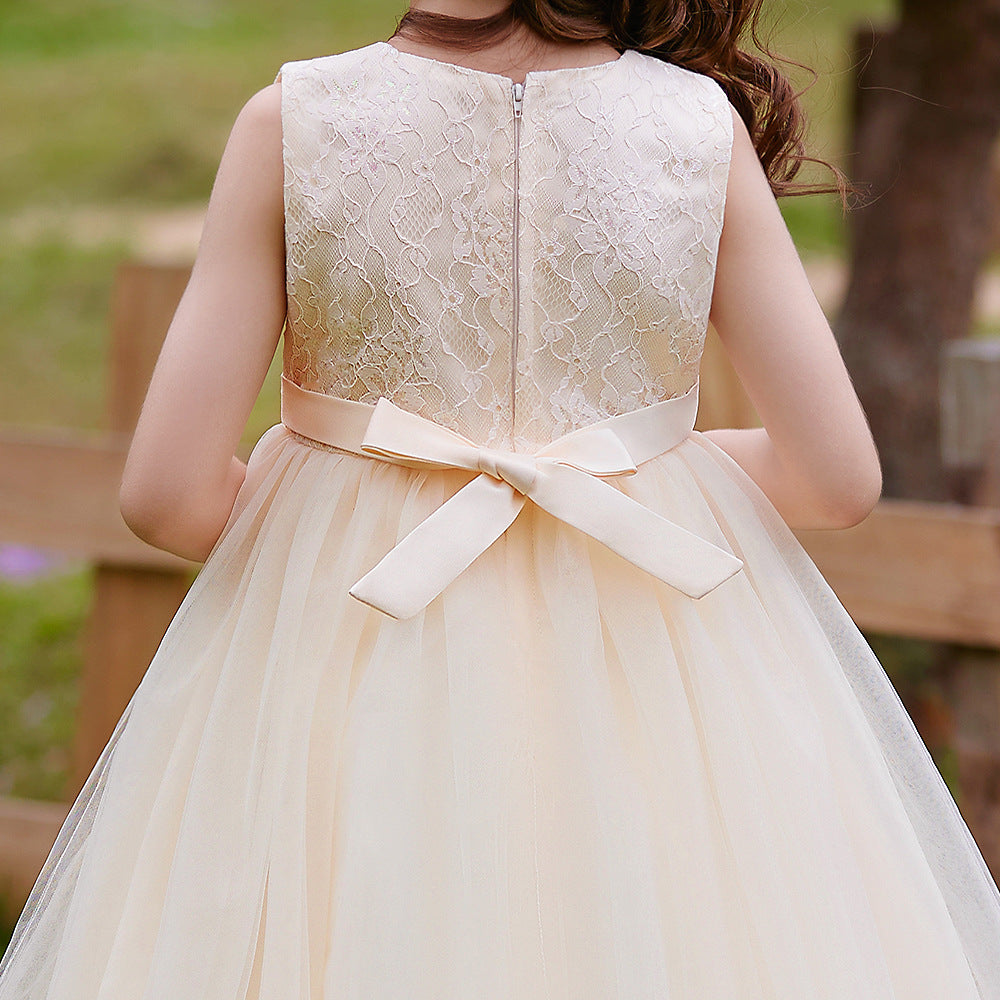 Champagne Princess Tulle Maxi Dress for Girls | Flower Girl & Party Gown