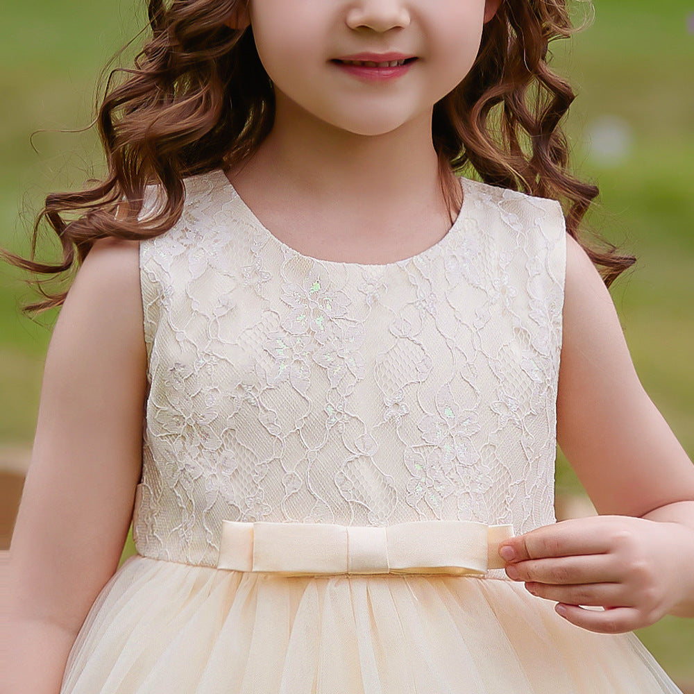 Champagne Princess Tulle Maxi Dress for Girls | Flower Girl & Party Gown