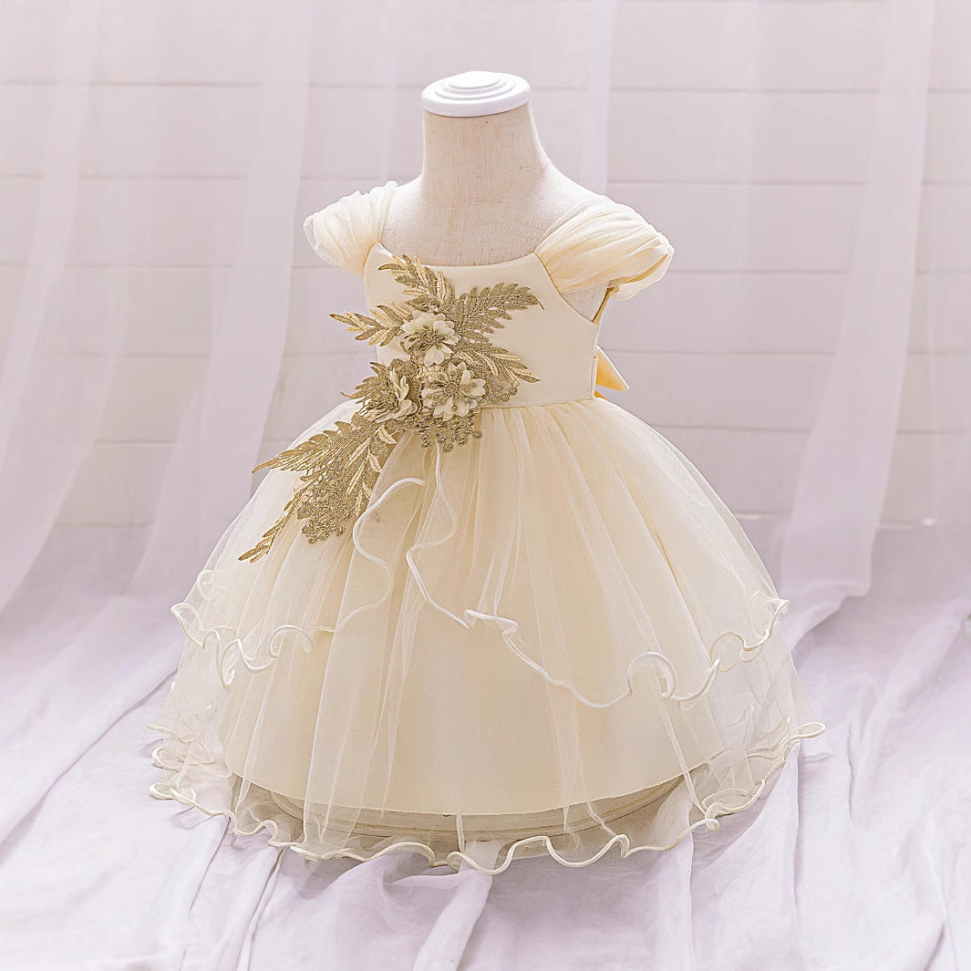Champagne Puffy Flower Girl Dress With Applique & Tiered Skirt | Cute Formal Party Gown for Toddler Girls