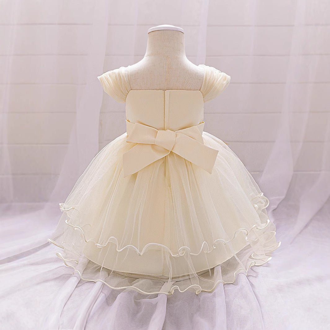 Champagne Puffy Flower Girl Dress With Applique & Tiered Skirt | Cute Formal Party Gown for Toddler Girls