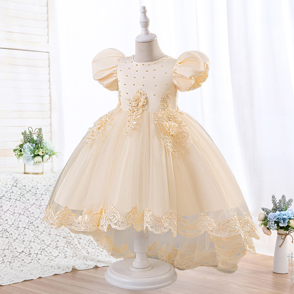 Champagne Ball Gown Puffy Sleeve Flower Girl Dress for Parties & Weddings