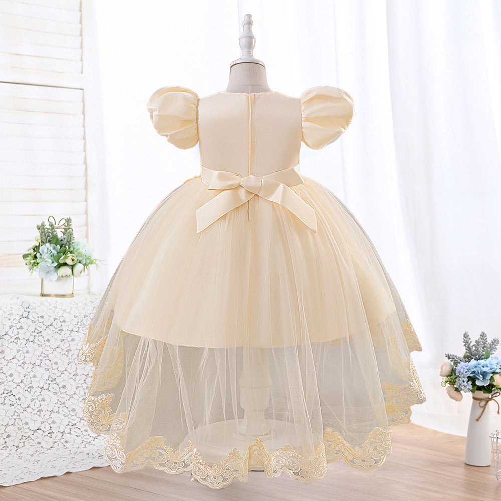 Champagne Ball Gown Puffy Sleeve Flower Girl Dress for Parties & Weddings