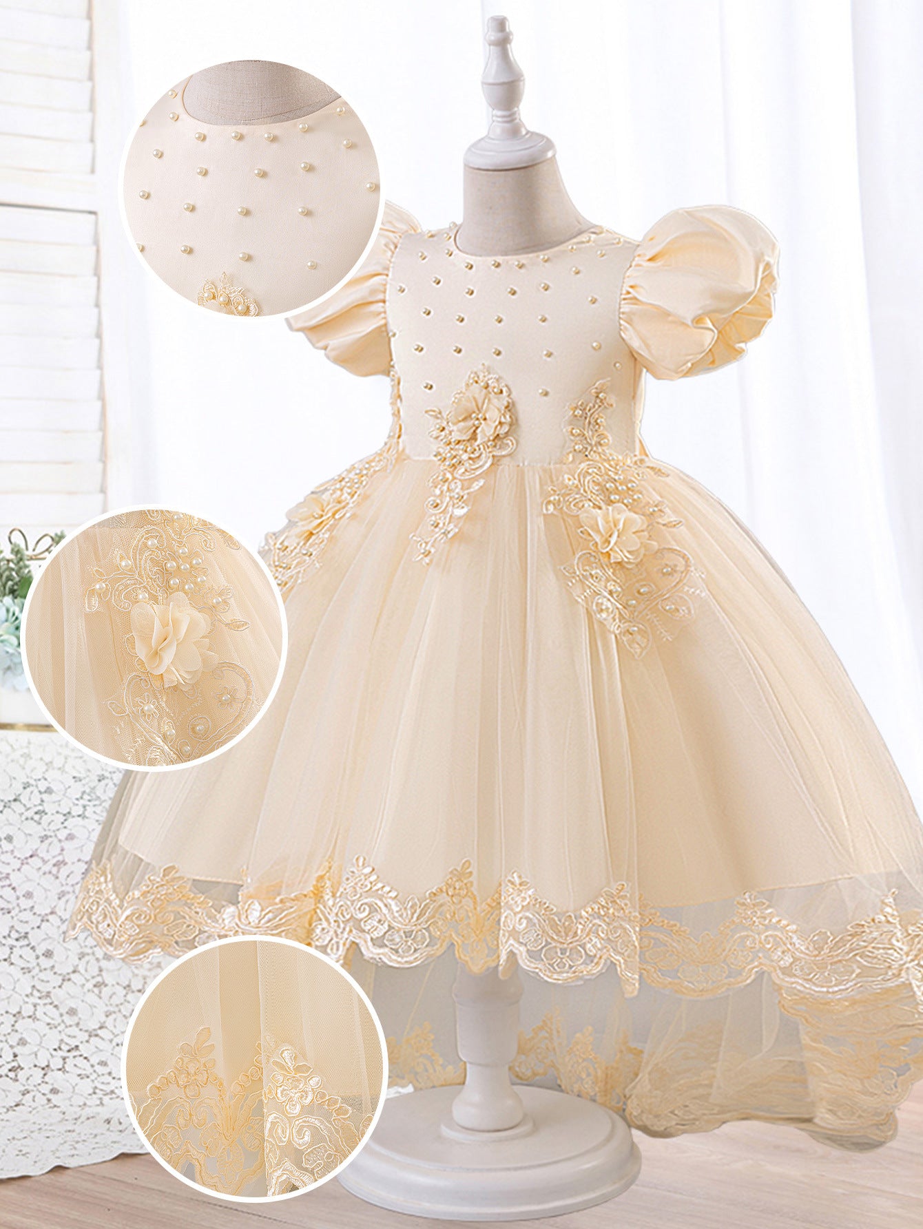 Champagne Ball Gown Puffy Sleeve Flower Girl Dress for Parties & Weddings